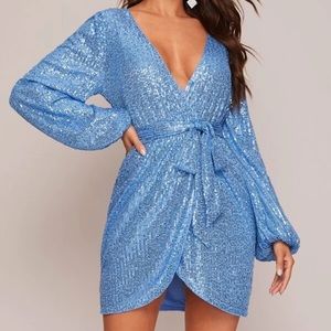 Blue Wrap Belted Sequin Dress